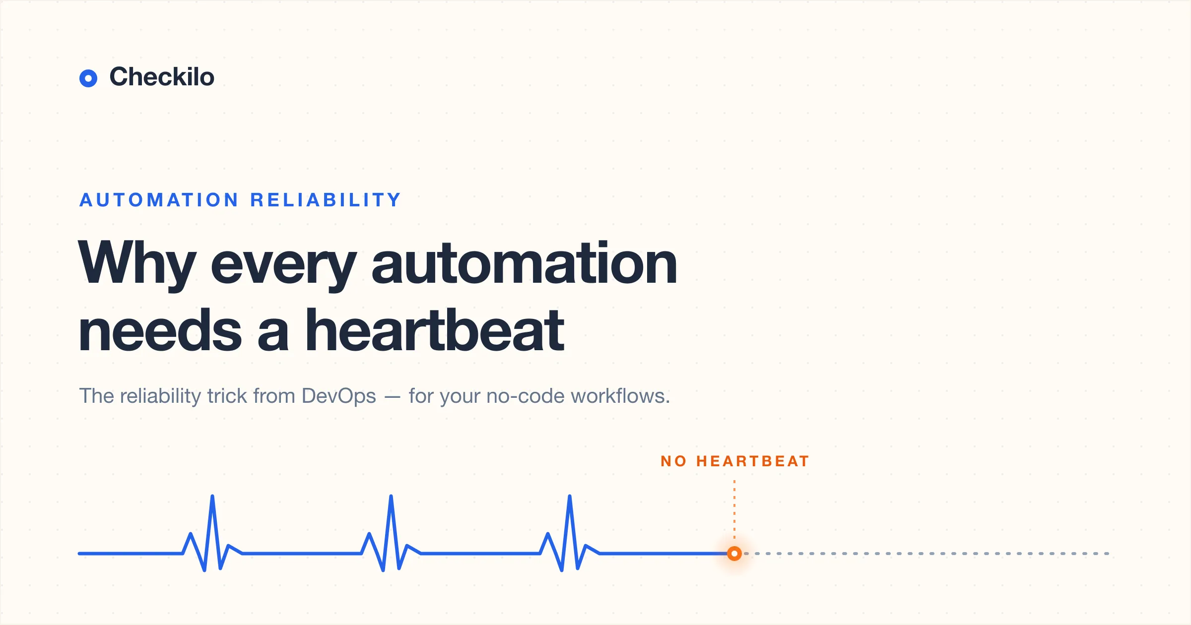 A steady heartbeat line on cream that flatlines into a gap, with an orange marker on the missed beat.