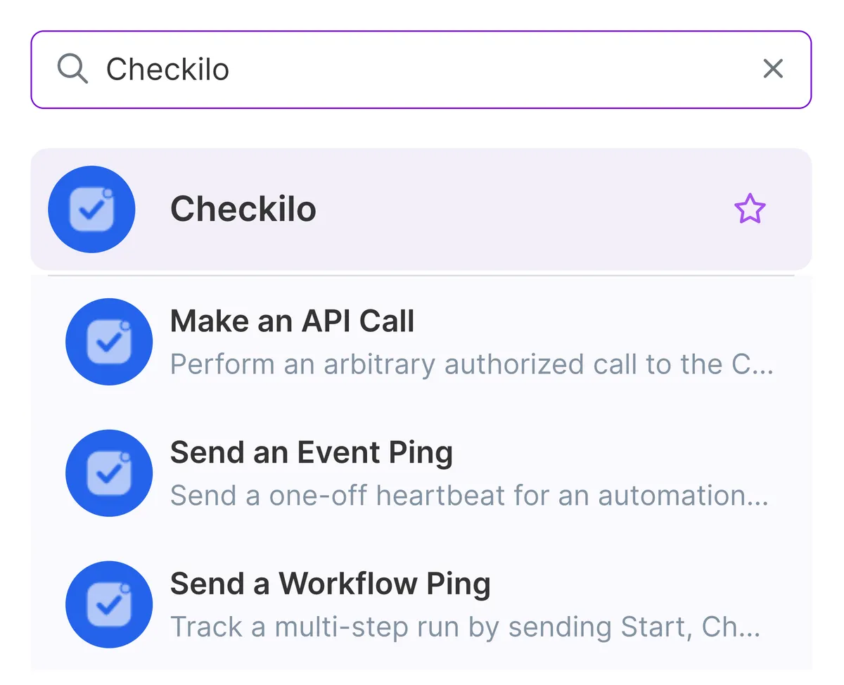 Make's module picker filtered to Checkilo, showing its operations: Make an API Call, Send an Event Ping, and Send a Workflow Ping