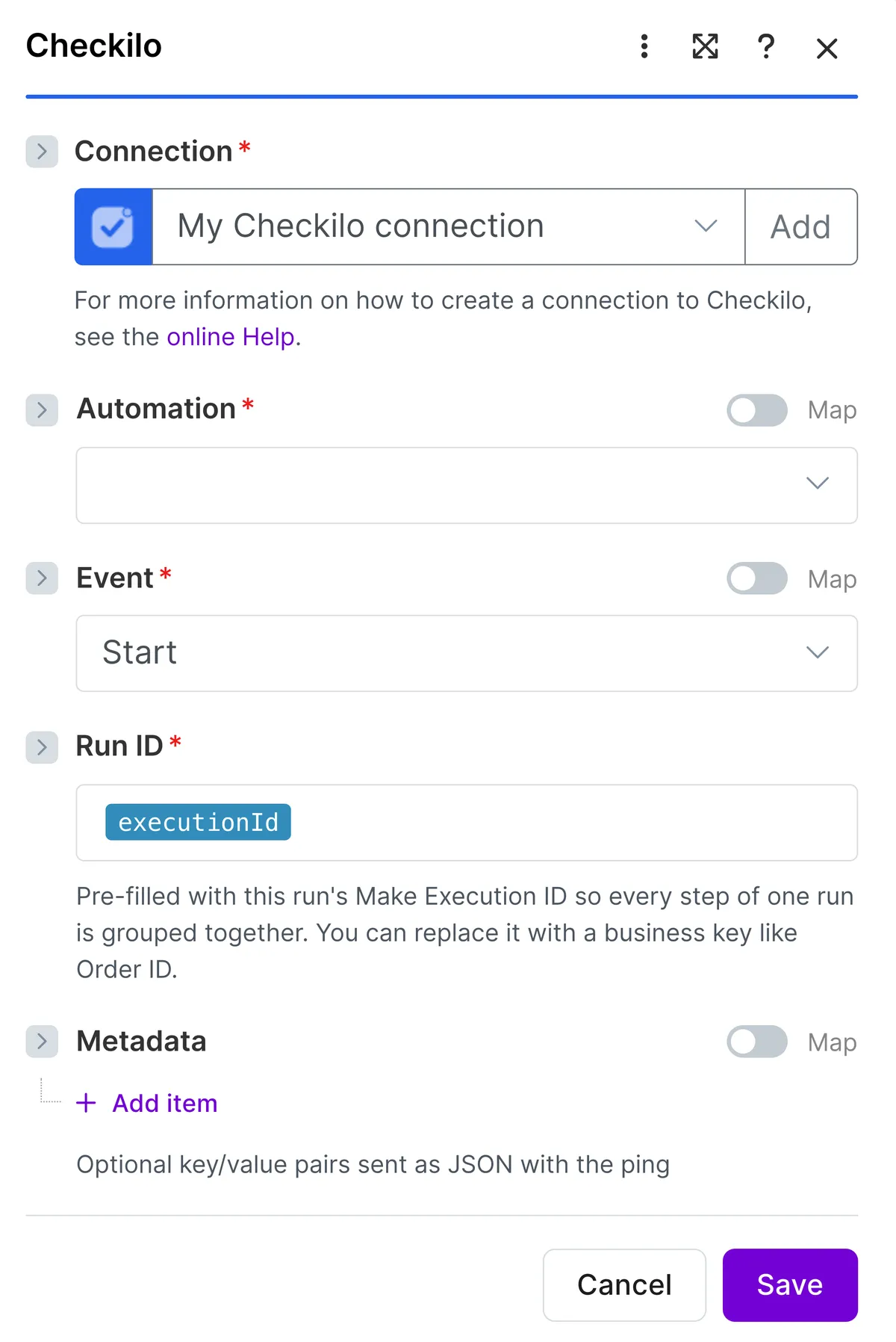 The Checkilo Send a Workflow Ping module configured in Make: Connection, Automation, Event set to Start, Run ID pre-filled with the Make Execution ID, and optional Metadata