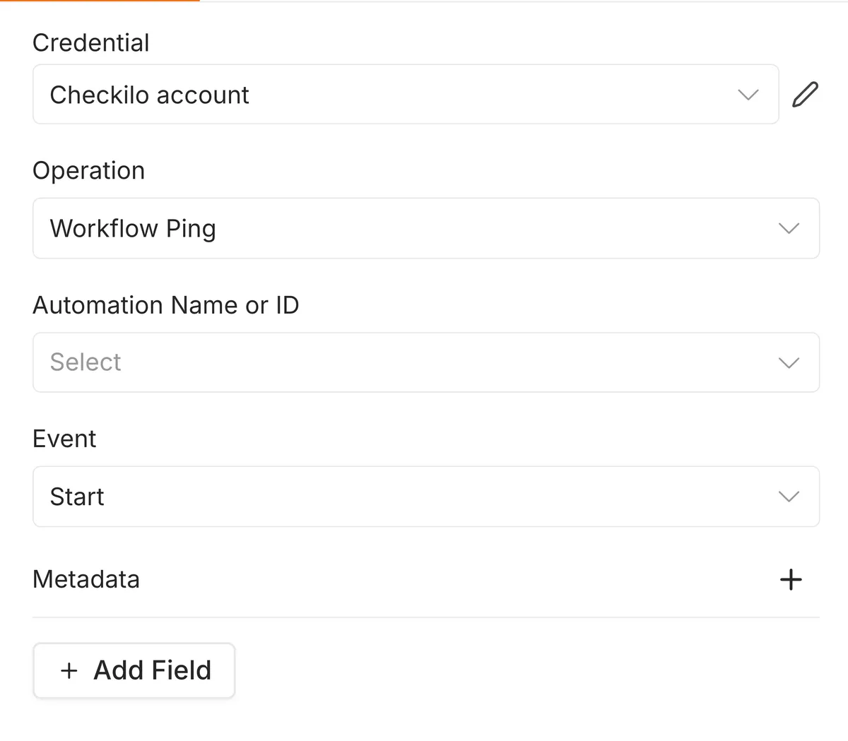 Checkilo node parameters: the Checkilo account credential, Operation set to Workflow Ping, the Automation selector, Event set to Start, and a Metadata section