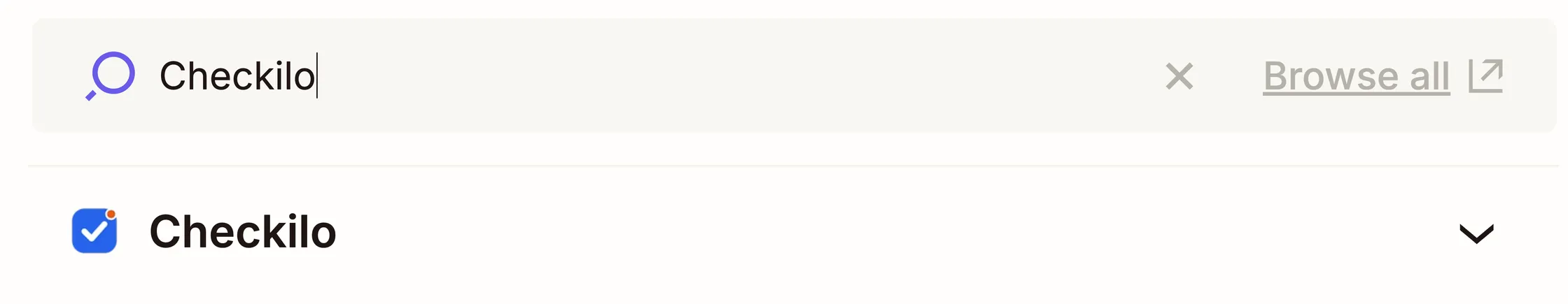 Zapier's app search with Checkilo typed in: the Checkilo app appears in the results, ready to add as an action