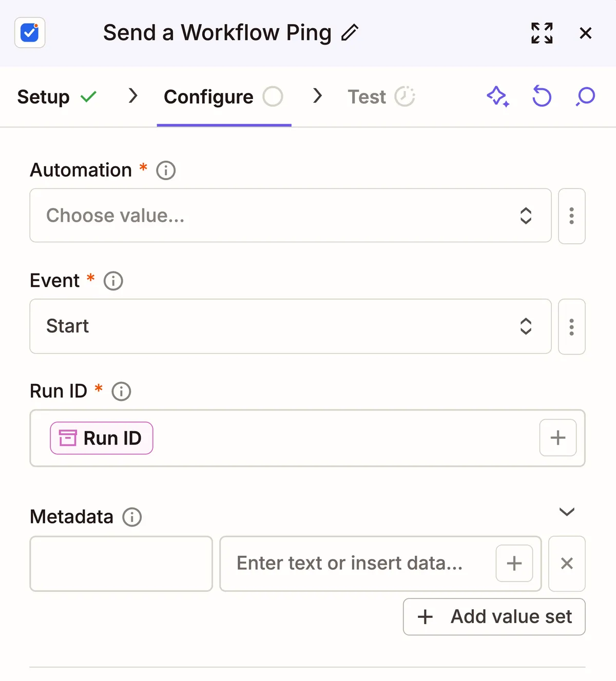 The Checkilo Send a Workflow Ping action in Zapier's Configure tab: Automation, Event set to Start, an auto-filled Run ID, and optional Metadata